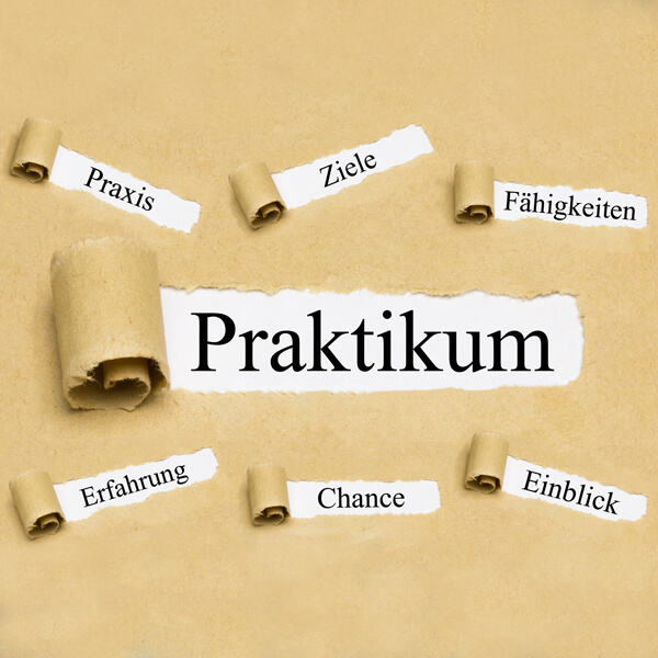 Aufschrift Praktikum und dazugehörige Themengebiete wie Praxis, Ziele, Fähigkeiten, Erfahrung, Chance, Einblick